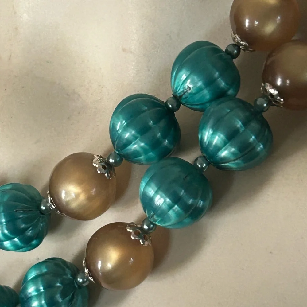 Vintage Double-Strand Green & Gold Bead Necklace